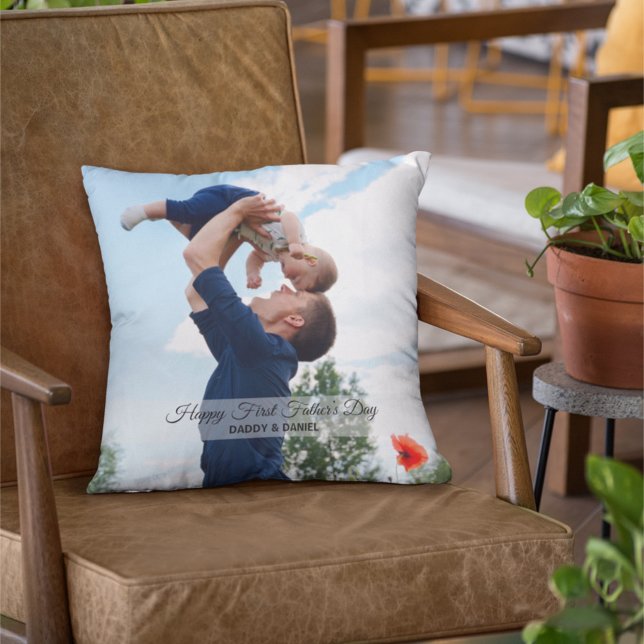 Happy First Father’s Day Custom Photo & Text Throw Pillow (Creator Uploaded)