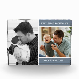 Happy First Father's Day 2 Picture Collage Grey Photo Block