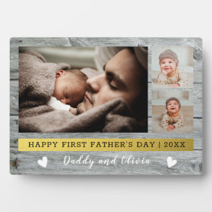 Happy First Father's Day 3 Photo Collage Grey Wood Plaque