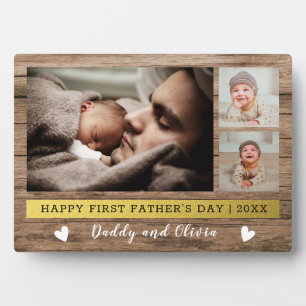 Happy First Father's Day 3 Photo Collage Wood Plaque