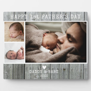 Happy First Father's Day 3 Photo Grey Wood   Plaque