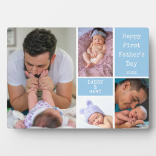Happy First Father's Day 4 Photo Collage Blue Plaque