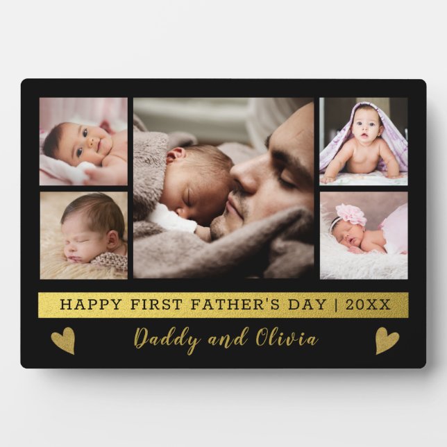 Happy First Father's Day 5 Photo Black And Gold Plaque (Front)