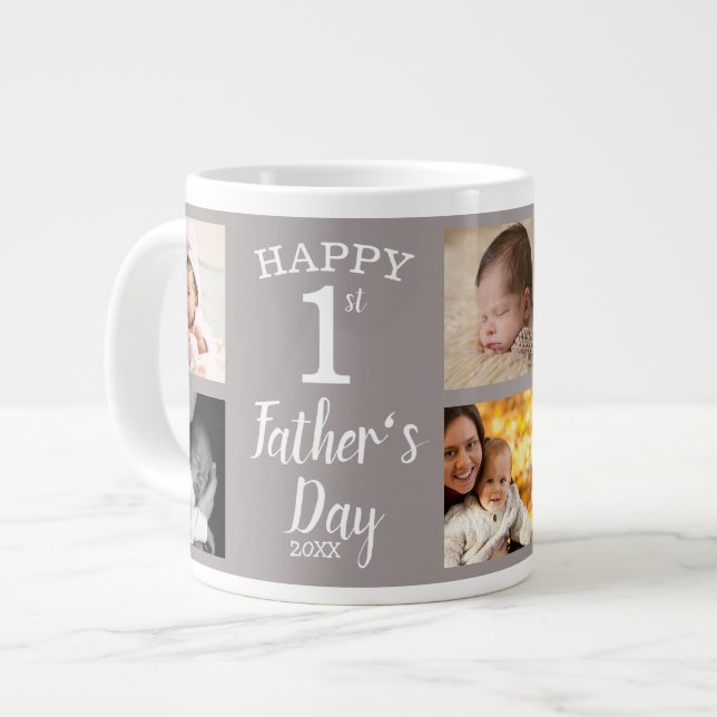 Happy First Father's Day 8 Family Photo Collage Large Coffee Mug (Front Left)