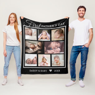 Happy First Father's Day 8 Photo Collage  Black Fleece Blanket