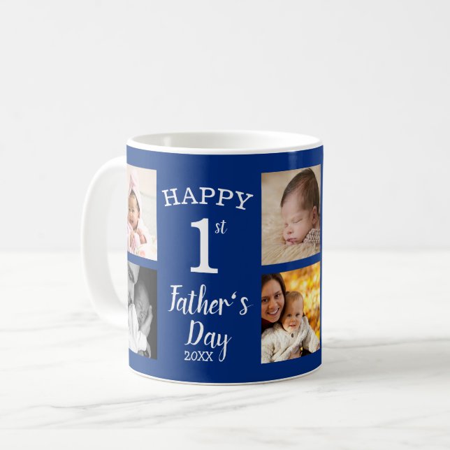 Happy First Father's Day 8 Photo Collage Blue Coffee Mug (Front Left)