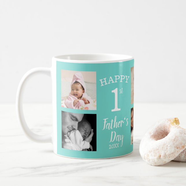 Happy First Father's Day 8 Photo Collage Cyan Coffee Mug (With Donut)