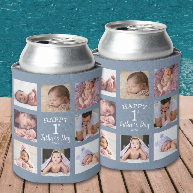 Happy First Father's Day 8 Photo Collage Gray Dad Can Cooler (Creator Uploaded)