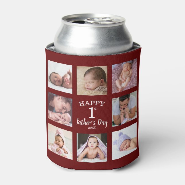 Happy First Father's Day 8 Photo Collage Maroon  Can Cooler (Can Front)