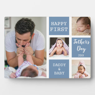 Happy First Father's Day Blue 4 Photo Collage Plaque