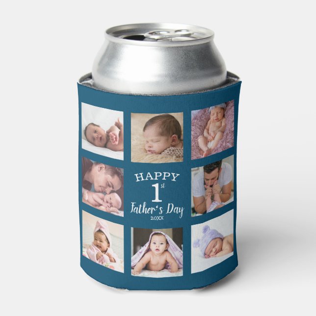 Happy First Father's Day Blue 8 Photo Collage   Can Cooler (Can Front)