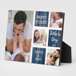 Happy First Father's Day Blue Wood 4 Photo Collage Plaque