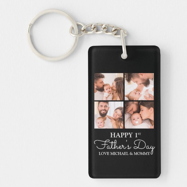 Happy First Fathers Day Modern Collage Keychain (Front)