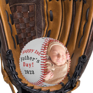 Happy First Father's Day Personalized 2 Photo Gray Baseball