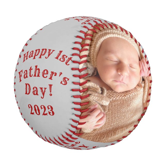 Happy First Father's Day Personalized 2 Photo Grey Baseball (Angled)