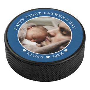Happy First Father's Day Personalized Photo Blue Hockey Puck