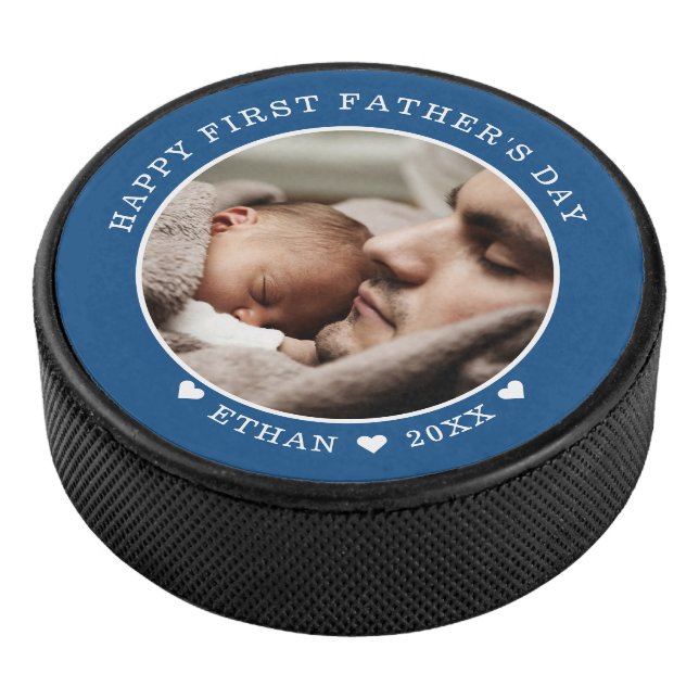 Happy First Father's Day Personalized Photo Blue  Hockey Puck (3/4)