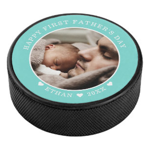 Happy First Father's Day Personalized Photo Green Hockey Puck