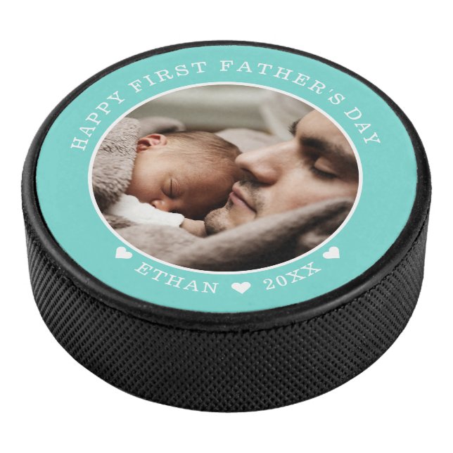 Happy First Father's Day Personalized Photo Green Hockey Puck (3/4)