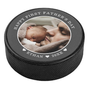 Happy First Father's Day Personalized Photo Grey Hockey Puck