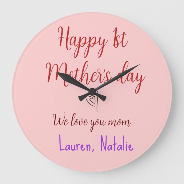 Happy first mothers day add name text mommy heart large clock (Front)