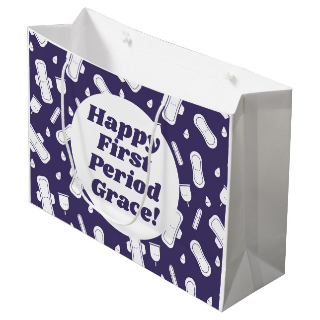 Happy First Period Party Dark Purple Tampon Pad Large Gift Bag (Front Angled)