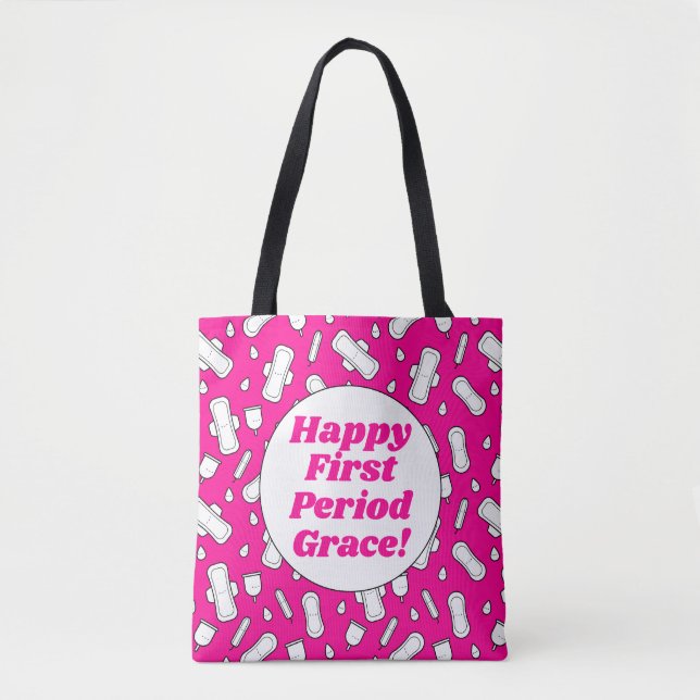 Happy First Period Party Hot Pink Cute Tampon Pad Tote Bag (Front)