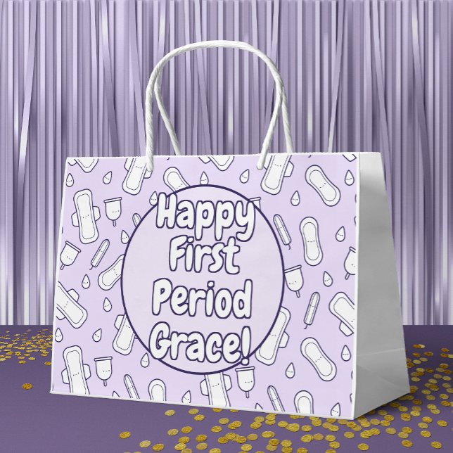 Happy First Period Party Purple Cute Tampon Pad Large Gift Bag (Mockup of gift bag)