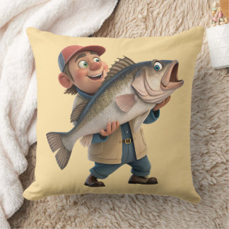 Happy Fisherman w/a Cute Big Fish Throw Pillow