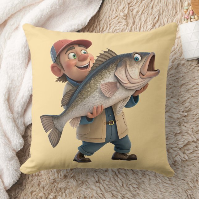 Happy Fisherman w/a Cute Big Fish Throw Pillow (Blanket)