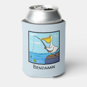 Happy fishing pelican cartoon can cooler