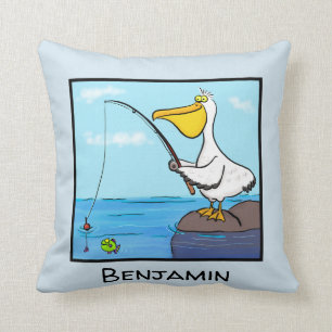 Happy fishing pelican cartoon throw pillow