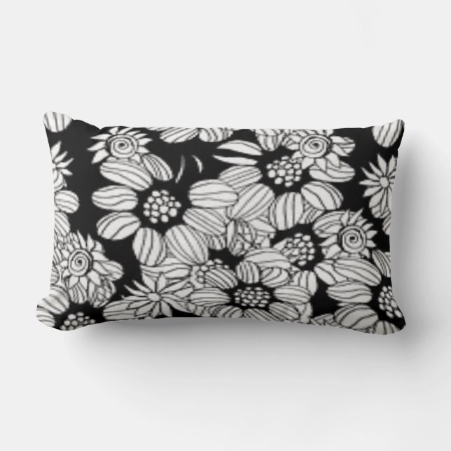 Happy Floral Black & White Trendy Print Lumbar Pillow (Front)