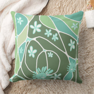 Happy Floral Neuro Art - Dusty Green White Throw Pillow
