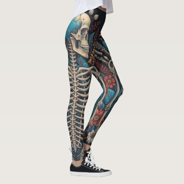 Happy Floral Skeleton Halloween Skull Ribcage Leggings (Right)