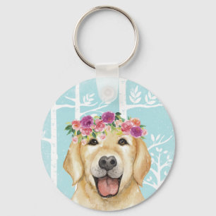 Happy Flower Animal in Blue Forest-Dog-Retriever Keychain