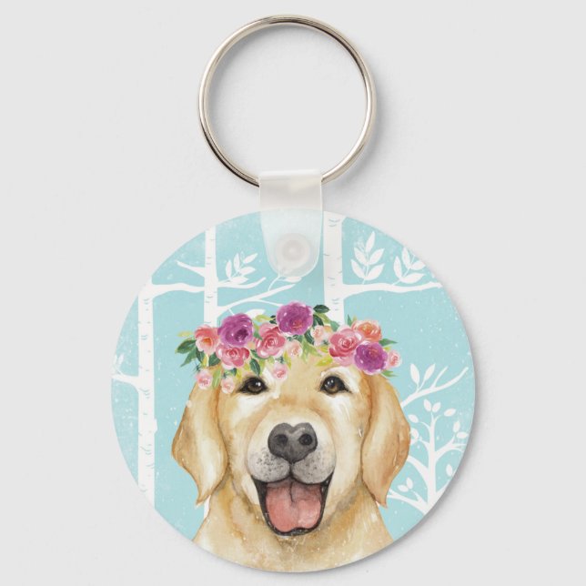 Happy Flower Animal in Blue Forest-Dog-Retriever Keychain (Front)