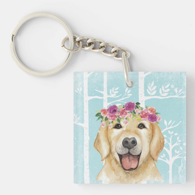 Happy Flower Animal in Blue Forest-Dog-Retriever Keychain (Front)