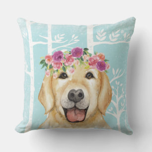 Happy Flower Animal in Blue Forest-Dog-Retriever Throw Pillow