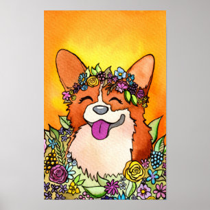 Happy Flower Crown Corgi Watercolor Poster