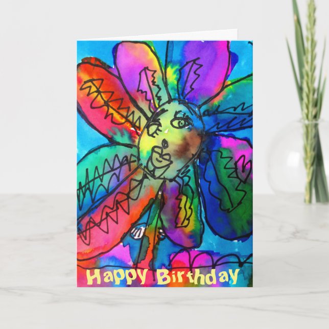 Happy Flower kid's art pink and blue birthday Card (Front)
