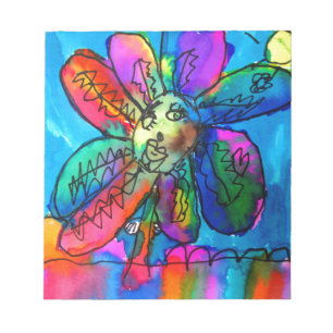 Happy Flower kid's art pink and blue pen and ink Notepad
