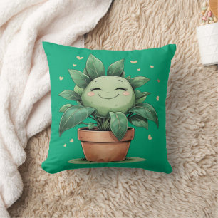 Happy Flower Pot Cute Plant Throw Pillow