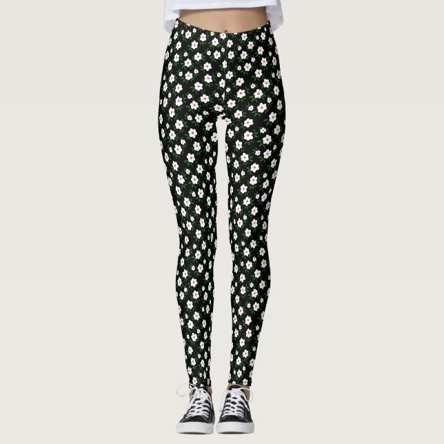 Happy Flowers Black Leggings (Front)