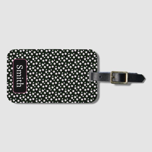 Happy Flowers Black Luggage Tag (Front Horizontal)