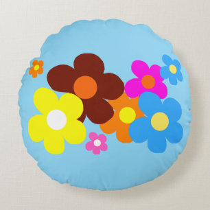 Happy Flowers Light Blue Sky Round Pillow