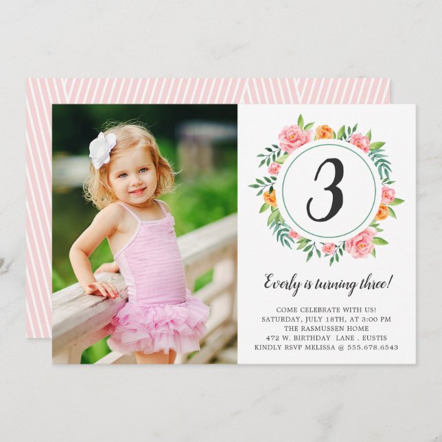 Happy Flowers Photo Birthday Invitation (Front/Back)