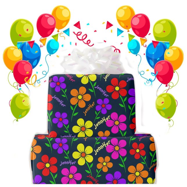 Happy Flowers Repeating Name Birthday Roll Wrapping Paper (Creator Uploaded)