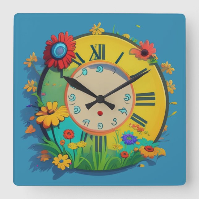 Happy flowers  square wall clock (Front)