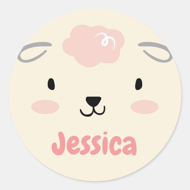 Happy Fluffy Pink Baby Sheep Face Classic Round Sticker (Front)